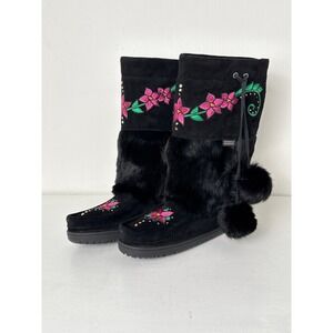 Manitobah Mukluks Black Waterproof Tamarack Rabbit Fur Floral Boots Womens 8
